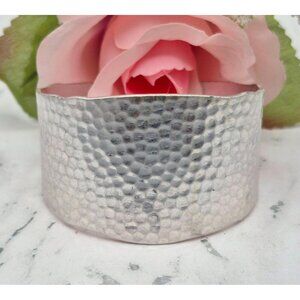 Brushed Silver Tone Hammered Wide Cuff Bracelet Brutalist Statement Piece